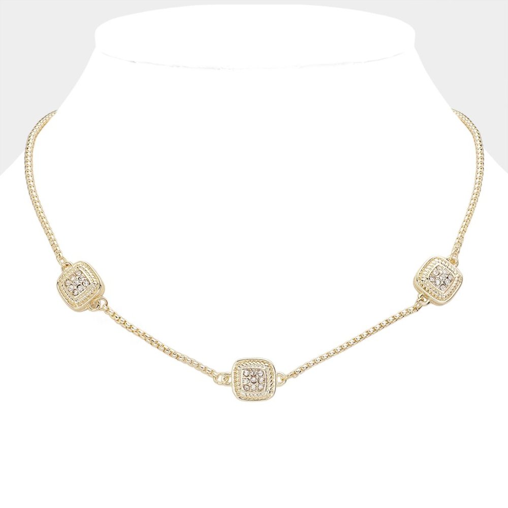 Gold Plated Stone Paved Square Pendant Station Necklace